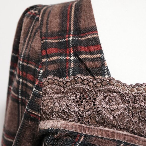 Brown Plaid Flannel Lace Trim Blouse 🍫 KLEIN+ - Picture 5 of 7